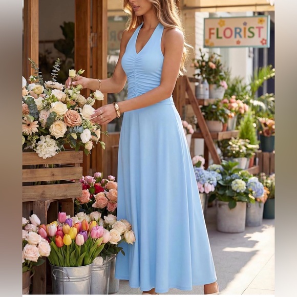 NWT BLUE HALTER MAXI DRESS-S - Picture 3 of 15